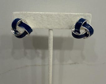 Vintage Cobalt Blue Enamel Knot Earrings Silver Tone Nautical Love Knot