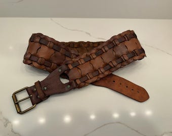 Vintage Handmade Moroccan Wide Woven Leather Belt Brown Brass Buckle Boho 38-40