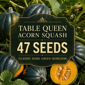 May include: A packet of Table Queen Acorn Squash seeds containing 47 seeds, described as a classic dark green heirloom. The dark green label displays the text Table Queen Acorn Squash 47 Seeds Classic Dark Green Heirloom, set against whole and halved squash.