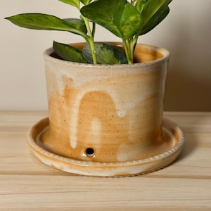 Small Stoneware Planter with Drainage | Orange Shino Glaze | Handmade Ceramic Pot |  Home Decor | For Plant Lover