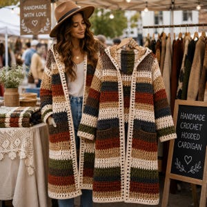 Könnte beinhalten: Eine langärmelige Kapuzenstrickjacke mit horizontalen Streifen in Creme, Dunkelgrün, Rostorange und Braun. Das Häkelkleidungsstück hat eine offene Vorderseite, zwei Taschen und eine Kapuze. Ein Schild in der Nähe zeigt: Handmade Crochet Hooded Cardigan.