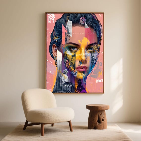 Pink Portrait Collage Art Print, Vintage City Media Poster, Steampunk Typography Decor (Digital Download)