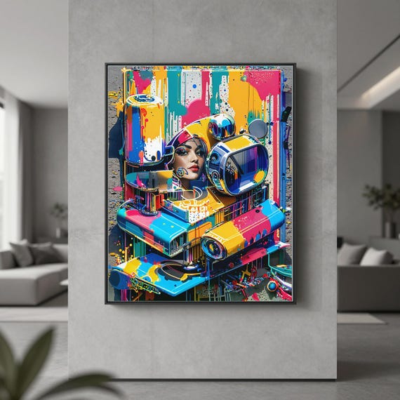 Retro Camera Street Art Print | Neon CMYK Machine Girl Poster | Pop Art Tech Wall Decor | Bold Maximalist Art | Printable Digital Download