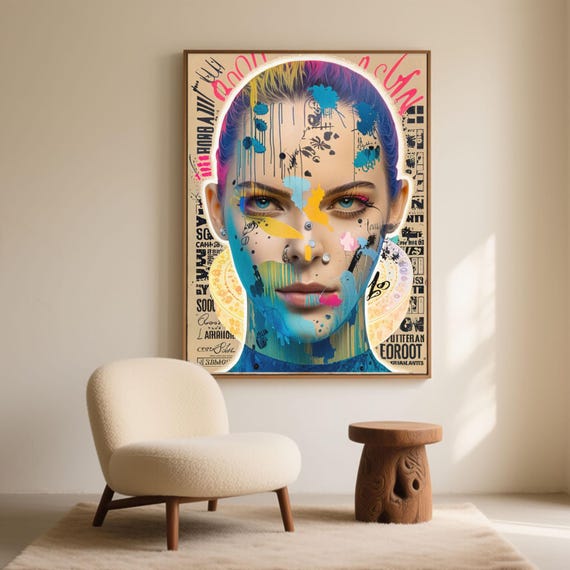 Woman Portrait Paint Drip Mixed Media Art, Colorful Teal Yellow Pink Face (Digital Download)