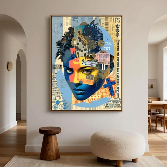 Blue Woman Portrait Collage Art Print, Mixed Media Floral Newspaper Poster (Digital Download)