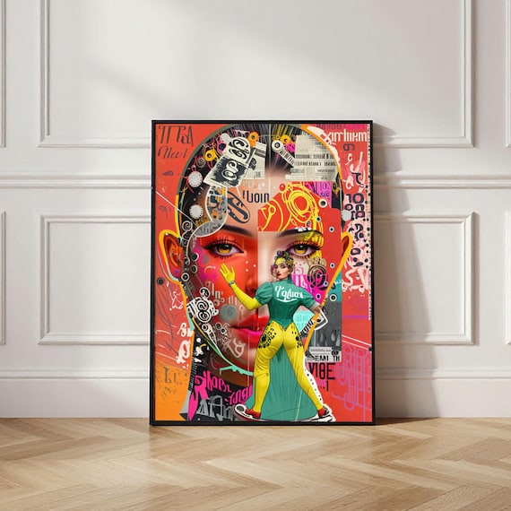 Retro Pop Art Woman Print, Mixed Media Fashion Poster, Funky Portrait Art (Digital Download)