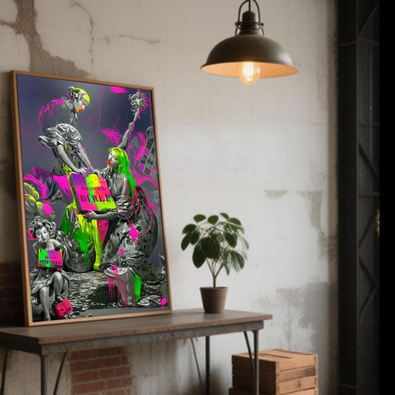 Neon Graffiti Goddess Print | Silver Statue Psychedelic Collage Wall Art (Instant Download)