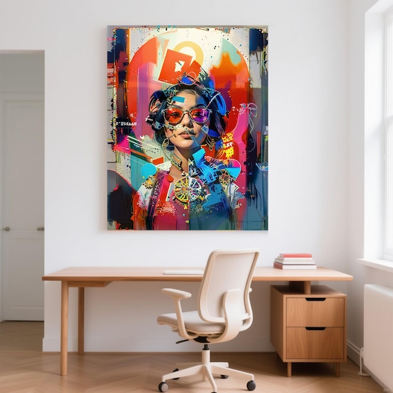 Urban Street Art Portrait Print | Neon Graffiti Girl Wall Art | Retro Futurism Poster | Maximalist Room Decor | Digital Download Printable