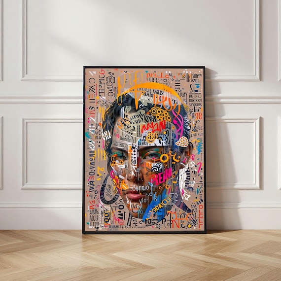 Woman Portrait Collage Art, Urban Graffiti Typography Print (Digital Download)