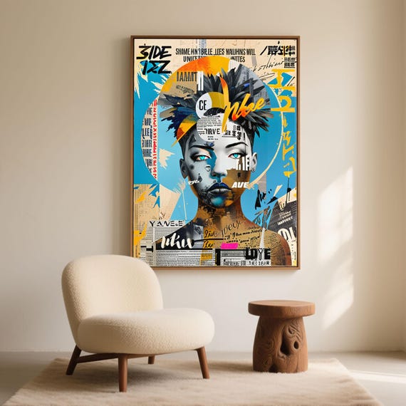 Urban Woman Portrait Print, Mixed Media Collage, Graffiti Typography Poster (Digital Download)