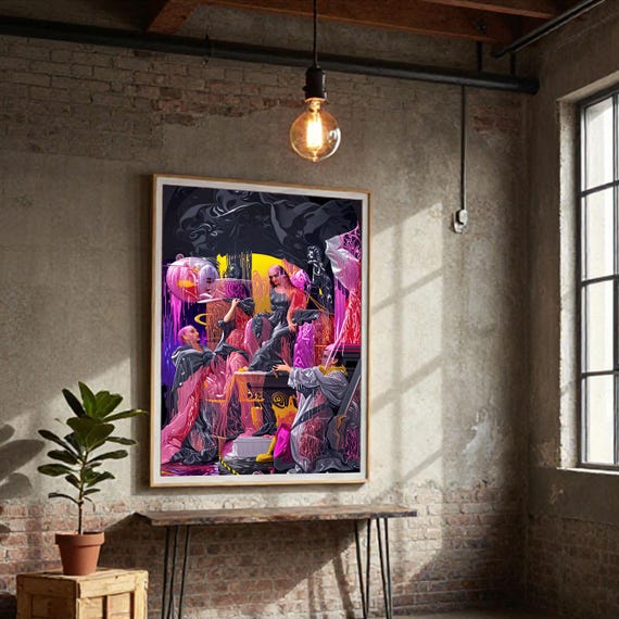 Dark Neon Goddess Ritual Art Print | Gothic Surrealism Wall Art (Instant Download)