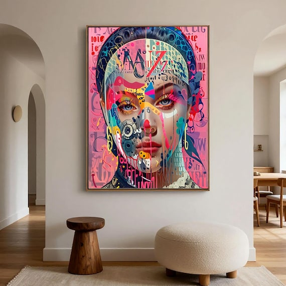 Hot Pink Typography Portrait, Pink Gear Mixed Media Art Print (Digital Download)