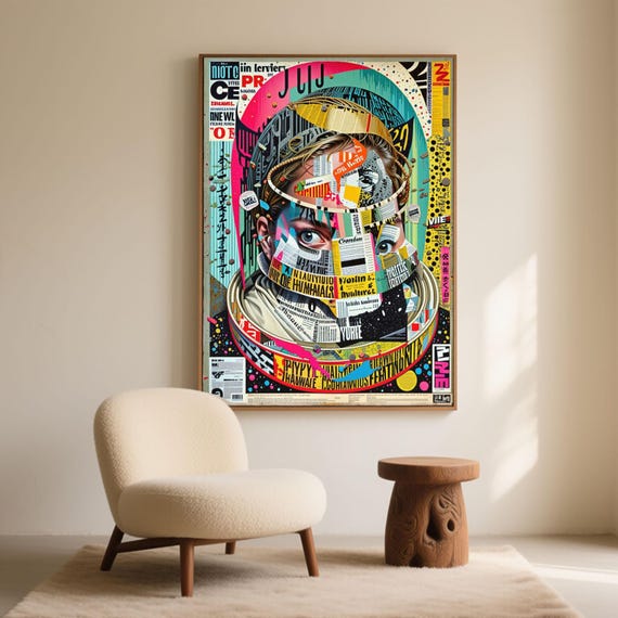 Surreal Woman Portrait Collage Print, Deconstructed Face Newspaper Poster (Digital Download)