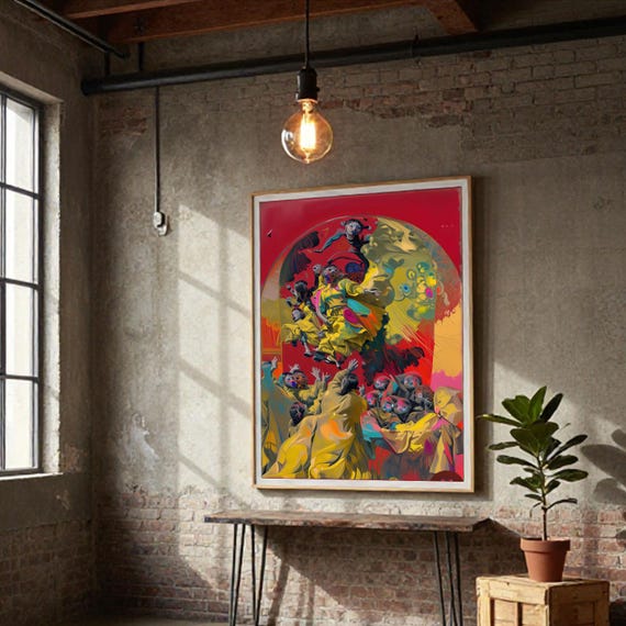 Surreal Ascension Ritual Art Print | Bold Red Yellow Neo-Mythology Poster (Digital Download)