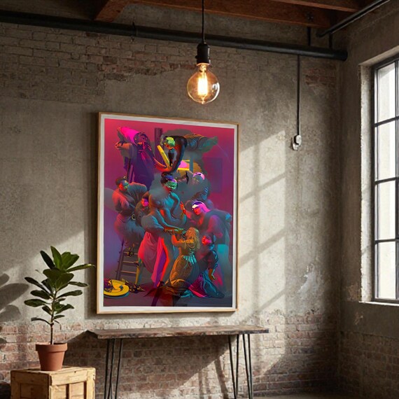 Baroque Surrealism Neon Art Print – Cyberpunk Dark Fantasy Wall Art (Digital Download)