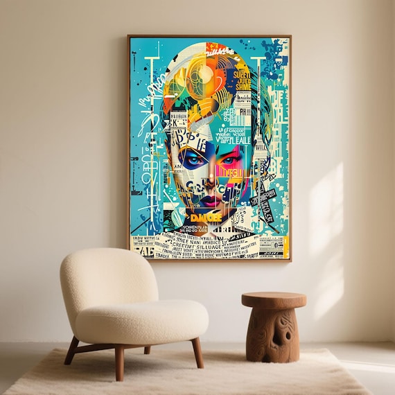 Teal Psychedelic Woman Portrait Print, Neon Typography Collage Wall Art (Digital Download)