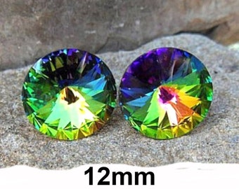 Vitrail Medium Rivoli Rhinestone Stud Earrings, 12mm Large Rainbow Studs, I make these earrings with Premium Sparkling Crystals
