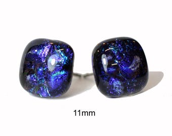 Dark Teal and Purple Square Dichroic Glass Stud Earrings: 632, Handmade Fused Glass, 11mm