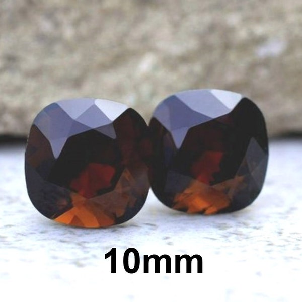 10mm Mocca cushion cut Rhinestone Stud Earrings, Brown Crystal Studs, Handcrafted with Premium Sparkling Crystals