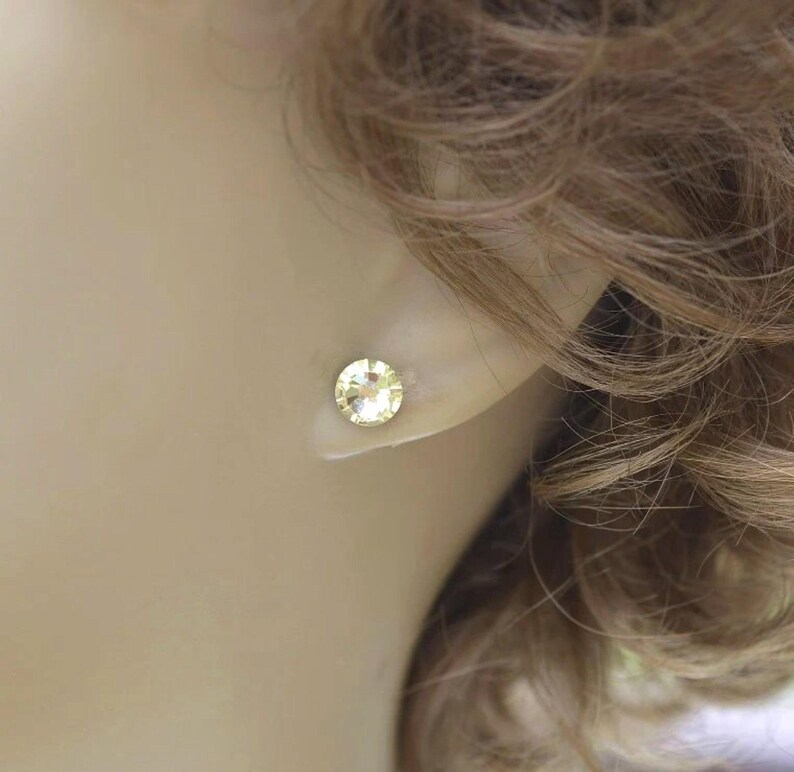 Jonquil Flat back Earrings, 7.27mm Light Yellow Crystal Studs, Handmade Studs 画像 3