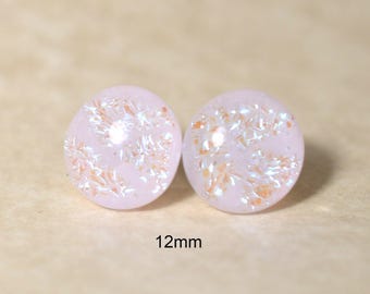 Light Pink Opal Rainbow Fused Glass earrings, #581, handmade 12mm dichroic glass studs