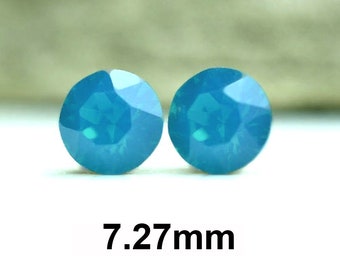 Caribbean Blue Opal Earrings, Rhinestone Studs, Opal Stud Earrings, Blue Opal Earrings, 7.27mm