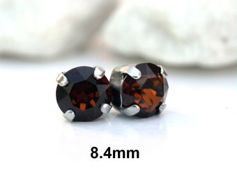 Smoked Brown studs, brown earrings, Brown crystal studs, 8.4mm studs, studs in settings