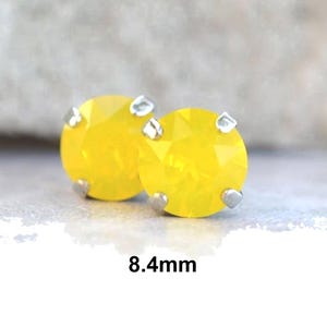 Yellow Opal Crystal Studs, Yellow Opal Earrings, 8.4mm Crystal Studs in settings, Austrian Crystal studs