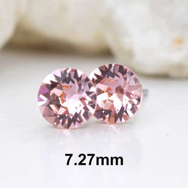 Light Rose Crystal Studs, 7.27mm Rhinestone Stud Earrings, Pink Crystal Stud Earrings