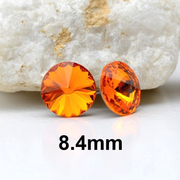 Tangerine Rivoli Rhinestone Stud Earrings, Orange Crystal Studs, 8.4mm Stud Earrings