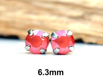 6.3mm Light Coral rhinestone Studs, Crystal Earrings, Studs in Settings, Handcrafted with Premium Sparkling Crystals