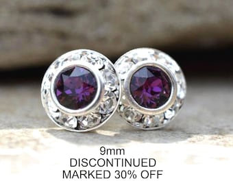 9mm Amethyst and Silver Halo Earrings, Purple Crystal halo Studs, February Birthstone