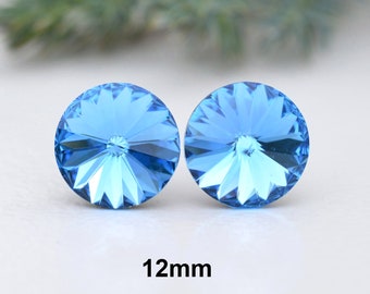 Blue Rivoli Stud Earrings, Cool Blue Crystal Earrings, 12mm blue rivoli studs, blue crystal jewelry