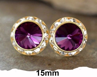 Amethyst Studs, February Birthstone, Gold Surrounds, 15mm Rhinestone Halo Stud,  Purple Earrings, Large Crystal Flat Backs