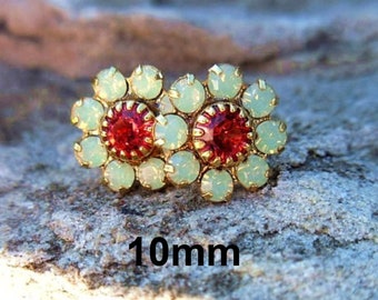 Chrysolite Opal and Indian Pink Studs, 10mm Earrings, Flower Cluster Rhinestone Studs, Green Opal Pink and Gold Studs