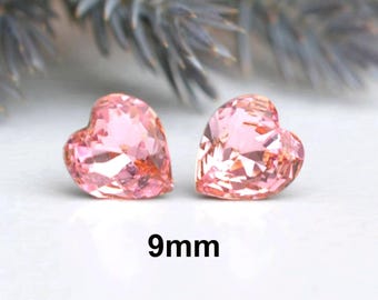 Pink Heart Earrings, Light Rose Crystal Stud Earrings, 9mm Crystal Heart Studs