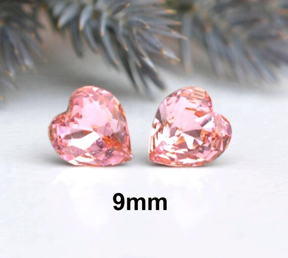 Pink Heart Earrings, Light Rose Crystal Stud Earrings, 9mm Crystal Heart Studs