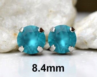 8.4mm Blue Zircon Matte Stud Earrings, Rhinestone Studs in settings, Blue Crystal Studs, Handmade Studs