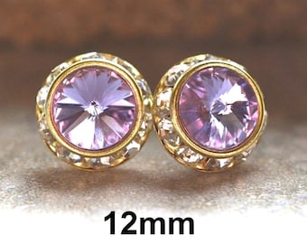 12mm Violet and Gold Surrounds Rhinestone Stud Earrings, Violet Crystal Halo Studs, Violet Gold Surrounds