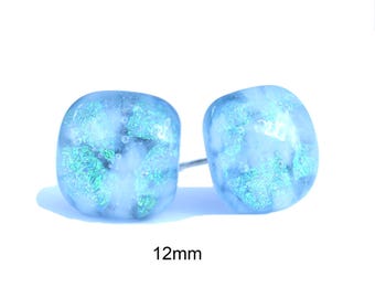 Teal Blue, White, Green Dichroic Glass Studs, 12mm Square fused glass earrings, #568, one-of-a-kind studs