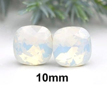 Pendientes de cristal con talla cojín de ópalo blanco de 10 mm, rostone