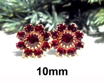 10mm Siam Gold Cluster Rhinestone Earrings, Deep Red Crystal Cluster Studs