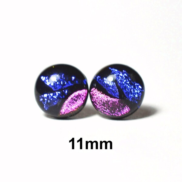 Blue and Pink Fused Glass earrings, 11mm dichroic glass studs, handcrafted glass studs, #445