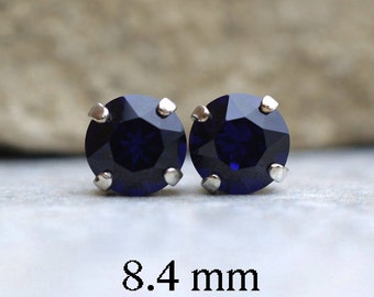 8.4mm Dark Indigo Studs , Crystal Earrings, Rhinestone Studs in Settings, Blue Crystal Studs