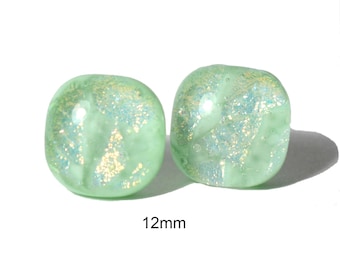 Mint Green Opal Dichroic Glass earrings, 12mm square fused glass studs, handcrafted glass studs, #583
