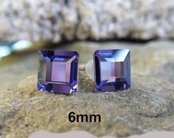 Tanzanite 6mm Square Rhinestone Stud Earrings, Tanzanite Crystal Square Studs, Purple Vintage Studs