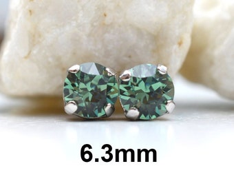 Erinite Studs, 6.3mm Earrings, Studs in Settings, Green Crystal Earrings, Handcrafted with Premium Sparkling Crystals