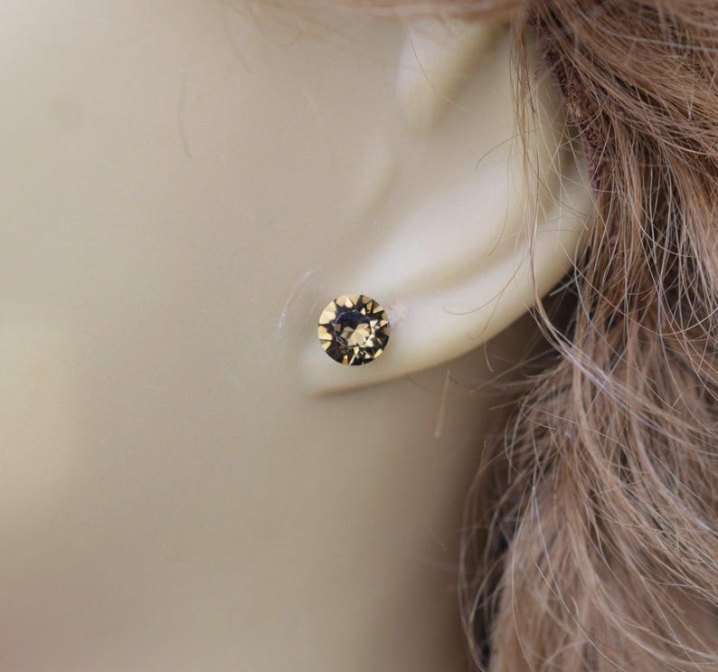 Smokey Quartz Stud Earrings, 7.27mm Earrings, Handcrafted using Premium Sparkling Crystals image 4