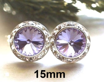 15mm Violet and Silver Halo Rhinestone Earrings, Violet Crystal surrounds Studs, Large Violet and & Silver Studs