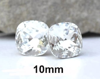 Clear Crystal Earrings, 10mm Cushion Cut Studs, Rhinestone Stud Earrings, Crystal Bridal Earrings, Bridesmaid Crystal Studs